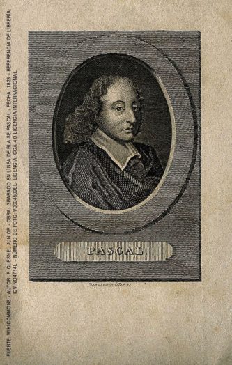 “Blaise Pascal”, grabado de línea por F.J. Dequevauviller  (1823), según G. Edelinck y luego según F. Quesnel, junior.